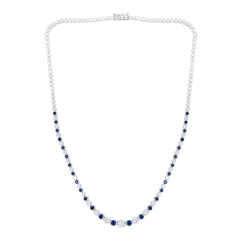 Main Image 1 of Blue Lab-Created Sapphire and 1-1/2 CT. T.W. Diamond Graduated Alternating Tennis Necklace in 10K White Gold - 16"