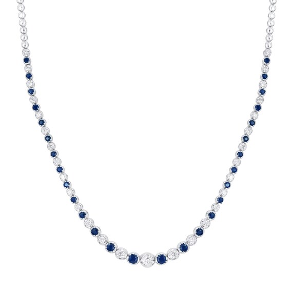 Blue Lab-Created Sapphire and 1-1/2 CT. T.w. Diamond Graduated Alternating Tennis Necklace in 10K White Gold - 16"