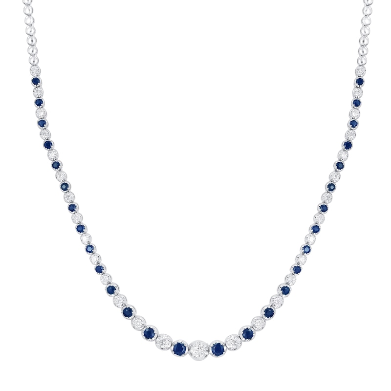 Main Image 2 of Blue Lab-Created Sapphire and 1-1/2 CT. T.W. Diamond Graduated Alternating Tennis Necklace in 10K White Gold - 16"