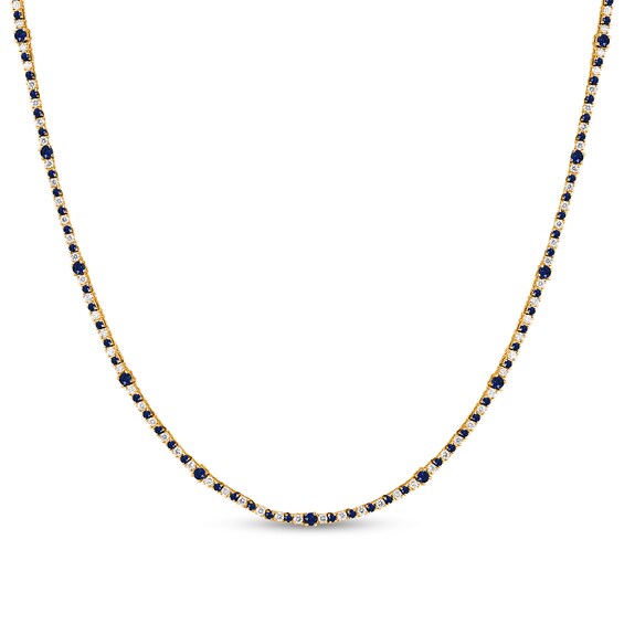 Blue Lab-Created Sapphire and 1-1/2 CT. T.w. Diamond Alternating Station Line Necklace in 10K Gold - 16"