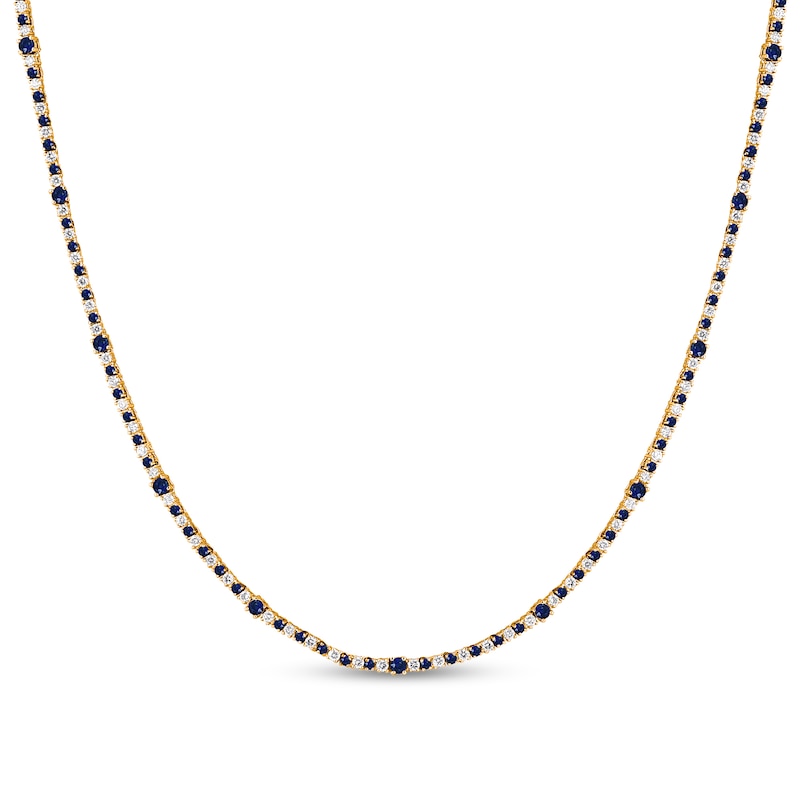 Main Image 2 of Blue Lab-Created Sapphire and 1-1/2 CT. T.W. Diamond Alternating Station Line Necklace in 10K Gold - 16"