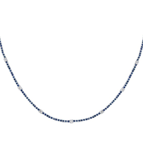 Blue Lab-Created Sapphire and 3/4 CT. T.w. Diamond Station Line Necklace in 10K White Gold - 16"