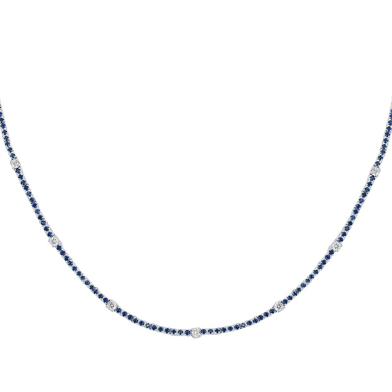 Main Image 2 of Blue Lab-Created Sapphire and 3/4 CT. T.W. Diamond Station Line Necklace in 10K White Gold - 16"