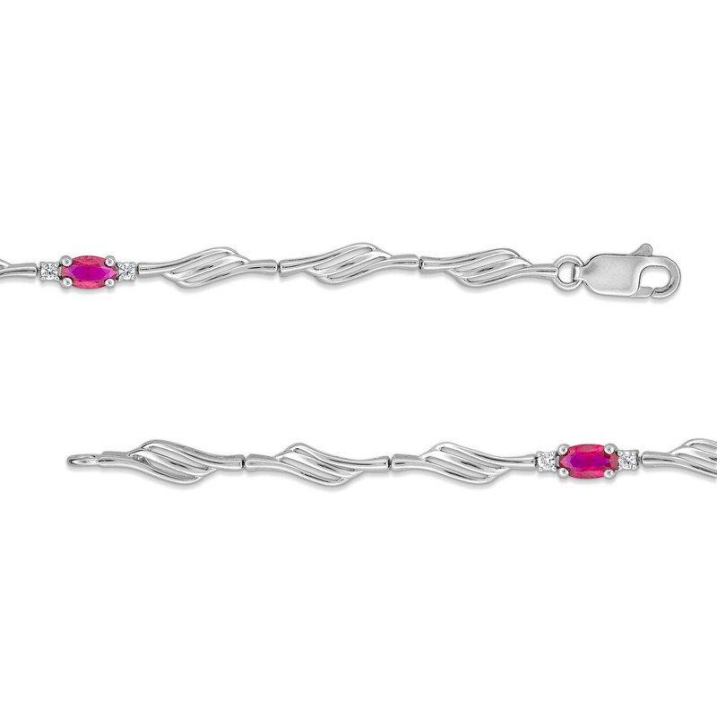 Main Image 2 of Oval Lab-Created Ruby and White Lab-Created Sapphire Bypass Wave Alternating Line Bracelet in Sterling Silver - 7.25"