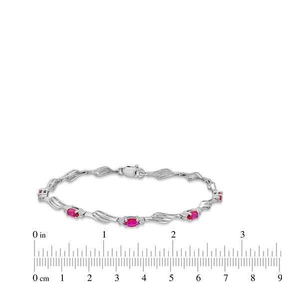 Oval Lab-Created Ruby and White Lab-Created Sapphire Bypass Wave Alternating Line Bracelet in Sterling Silver - 7.25"