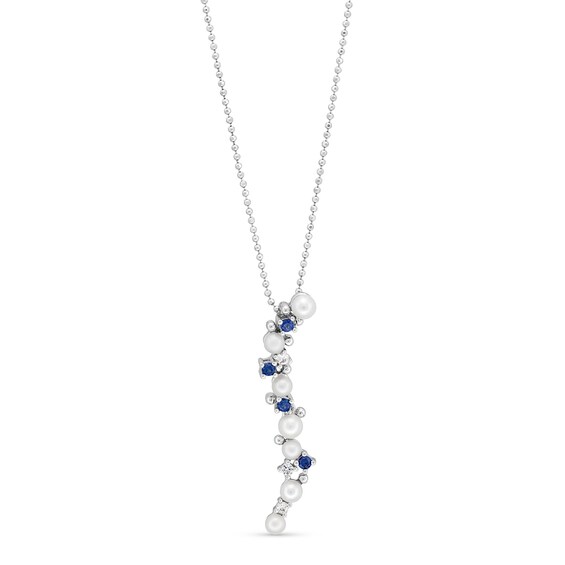 Journey Freshwater Cultured Pearl, Blue and White Lab-Created Sapphire Curved Drop Pendant in Sterling Silver