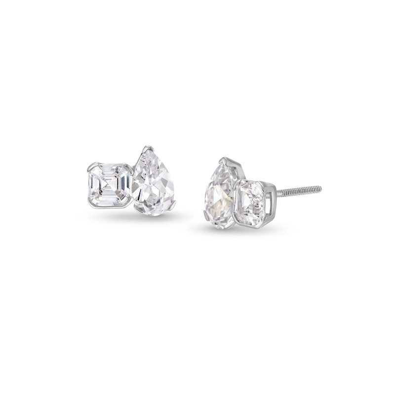 Main Image 1 of 2 CT. T.W. Pear and Asscher-Cut Certified Lab-Grown Diamond Toi et Moi Stud Earrings in 14K White Gold (F/VS2)