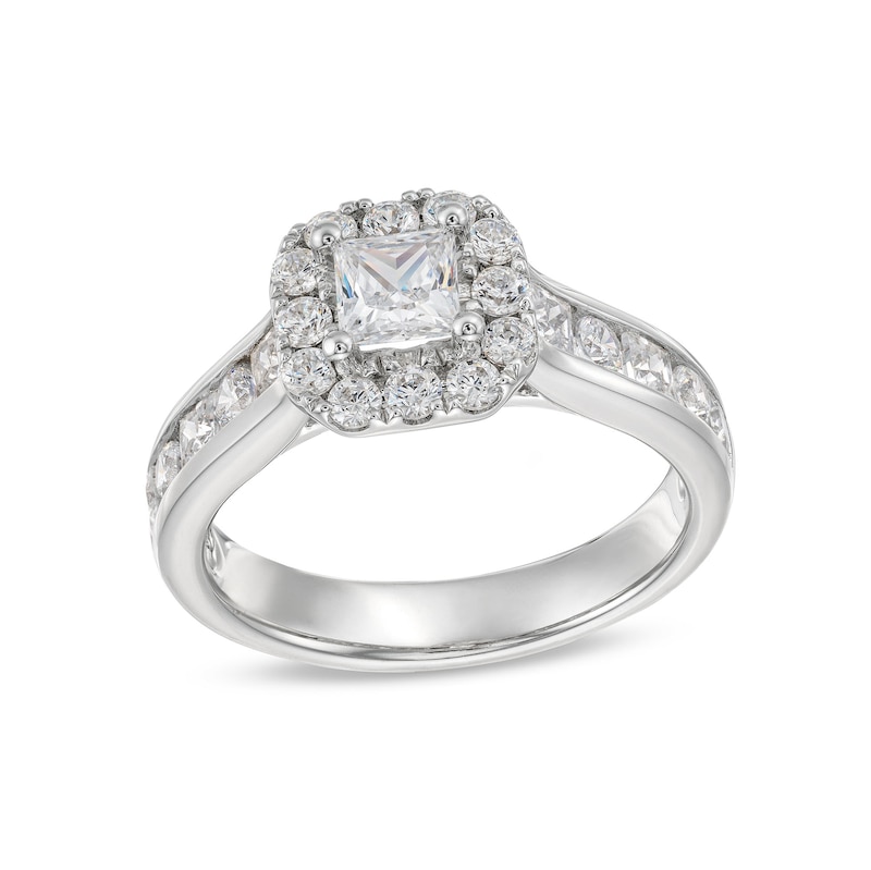 Main Image 1 of 1-1/2 CT. T.W. Princess-Cut Diamond Cushion Frame Channel-Set Shank Engagement Ring in 14K White Gold