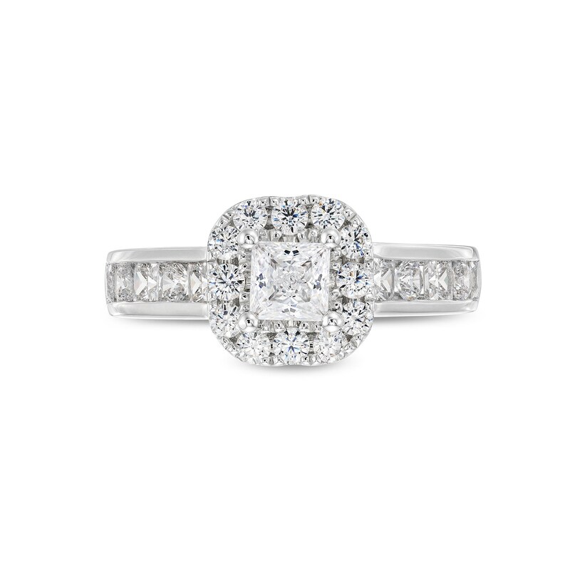 Main Image 4 of 1-1/2 CT. T.W. Princess-Cut Diamond Cushion Frame Channel-Set Shank Engagement Ring in 14K White Gold