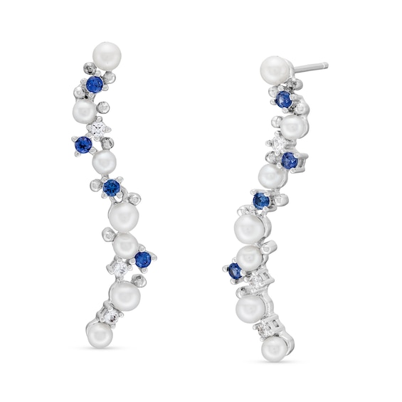 Journey Freshwater Cultured Pearl, Blue and White Lab-Created Sapphire Curved Drop Earrings in Sterling Silver