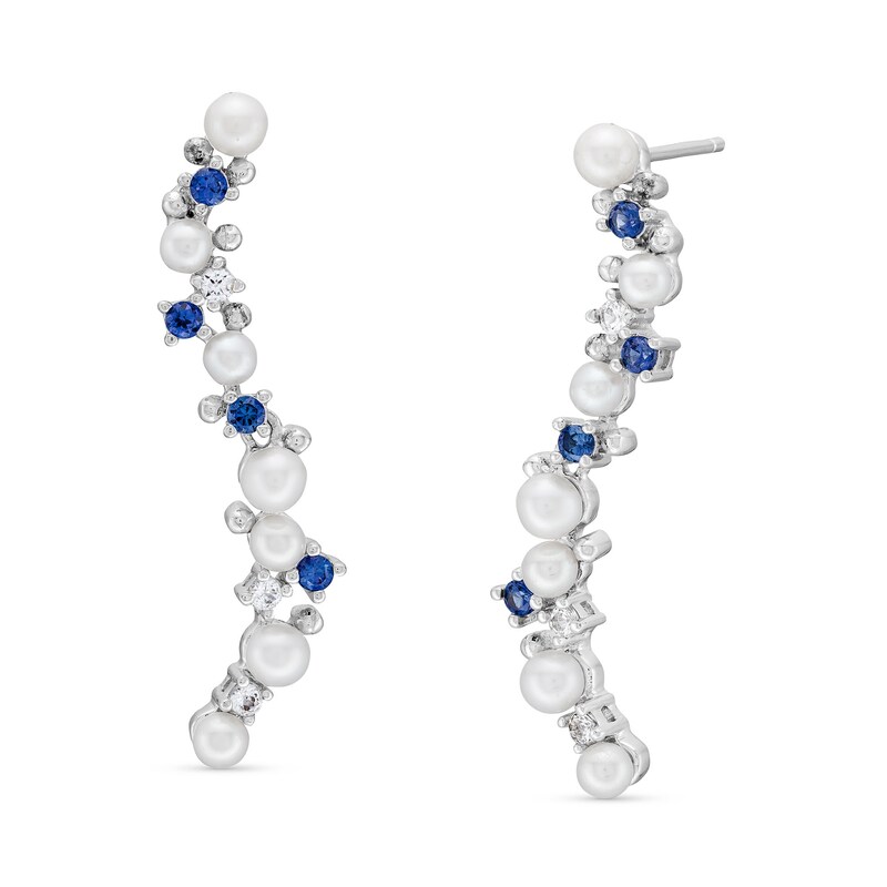 Journey Cultured Freshwater Pearl, Blue and White Lab-Created Sapphire Curved Drop Earrings in Sterling Silver