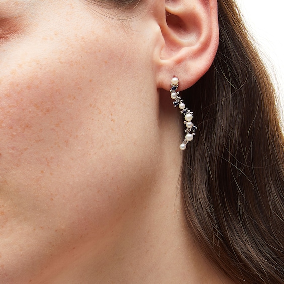 Journey Freshwater Cultured Pearl, Blue and White Lab-Created Sapphire Curved Drop Earrings in Sterling Silver