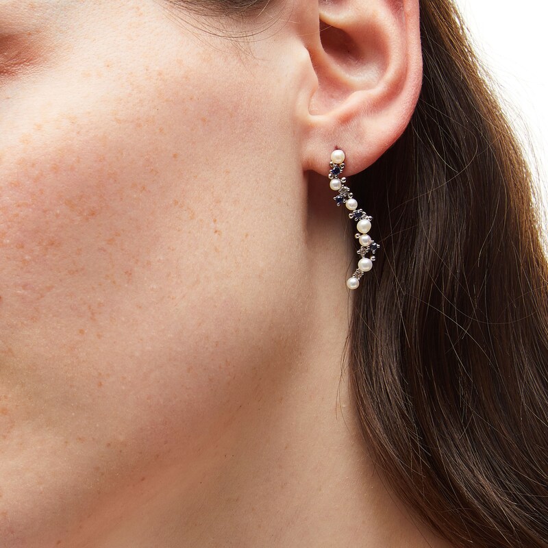 Main Image 2 of Journey Freshwater Cultured Pearl, Blue and White Lab-Created Sapphire Curved Drop Earrings in Sterling Silver