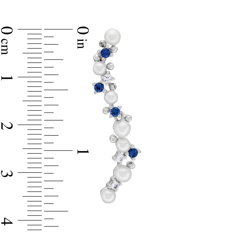 Journey Cultured Freshwater Pearl, Blue and White Lab-Created Sapphire Curved Drop Earrings in Sterling Silver