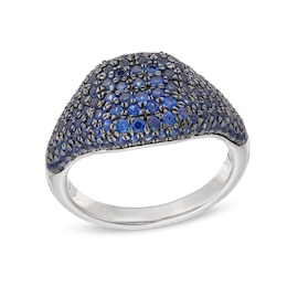 Blue Lab-Created Sapphire Signet Ring in Sterling Silver and Black Rhodium Plate