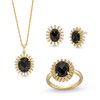 Thumbnail Image 0 of Onyx and White Lab-Created Sapphire Sunburst Pendant, Ring and Stud Earrings Set in Sterling Silver with 18K Gold Plate