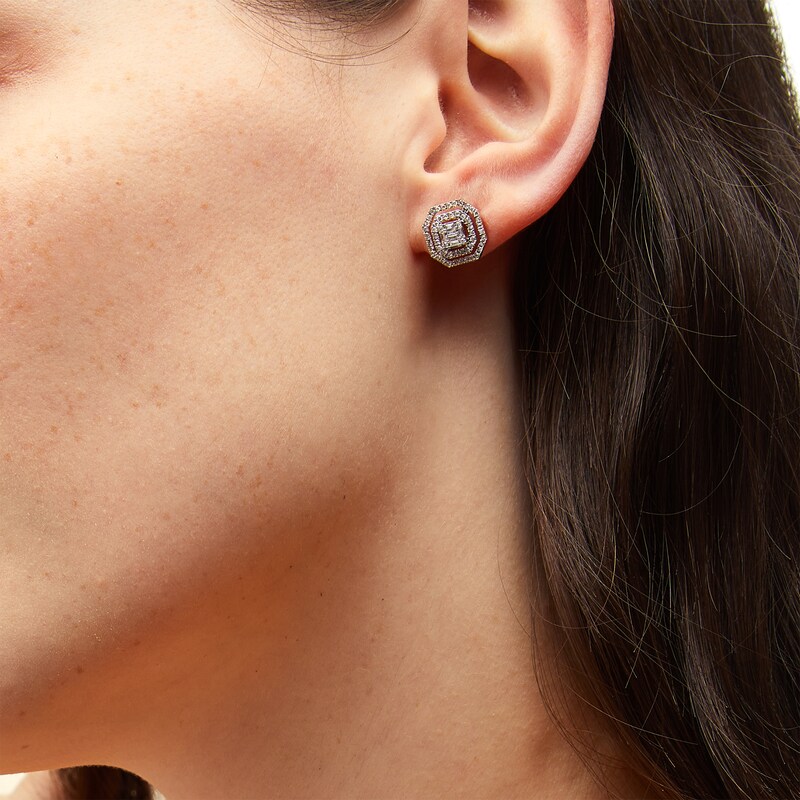Main Image 2 of 1/2 CT. T.W. Princess-Shaped Multi-Diamond Double Octagonal Frame Stud Earrings in 10K Gold