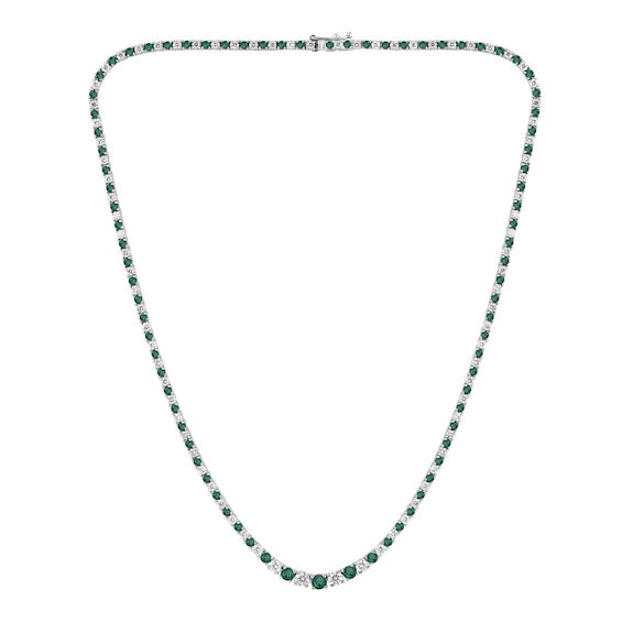 Lab-Created Emerald and 3 CT. T.w. Diamond Graduated Alternating Tennis Necklace in 10K White Gold - 16"
