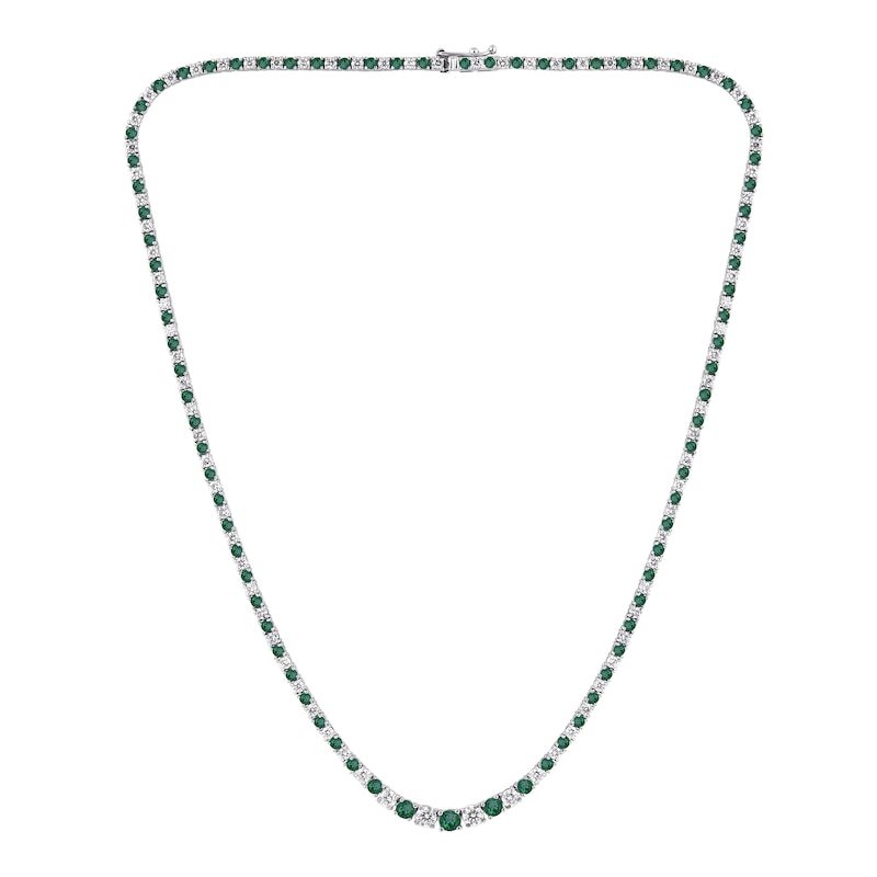 Main Image 1 of Lab-Created Emerald and 3 CT. T.W. Diamond Graduated Alternating Tennis Necklace in 10K White Gold - 16"