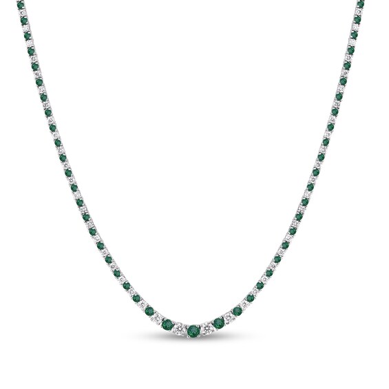 Lab-Created Emerald and 3 CT. T.w. Diamond Graduated Alternating Tennis Necklace in 10K White Gold - 16"