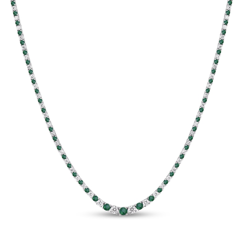 Main Image 2 of Lab-Created Emerald and 3 CT. T.W. Diamond Graduated Alternating Tennis Necklace in 10K White Gold - 16"
