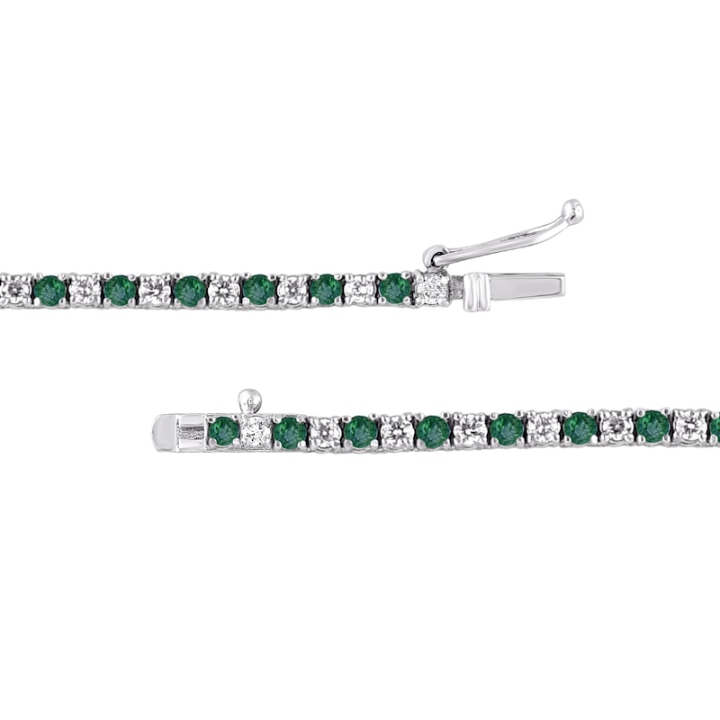 Main Image 3 of Lab-Created Emerald and 3 CT. T.W. Diamond Graduated Alternating Tennis Necklace in 10K White Gold - 16"