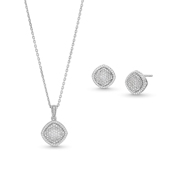 1/10 CT. T.w. Cushion-Shaped Multi-Diamond Rope Frame Tilted Pendant and Stud Earrings Set in Sterling Silver