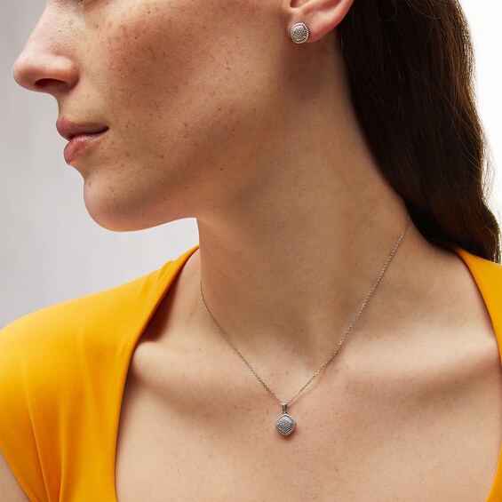 1/10 CT. T.w. Cushion-Shaped Multi-Diamond Rope Frame Tilted Pendant and Stud Earrings Set in Sterling Silver