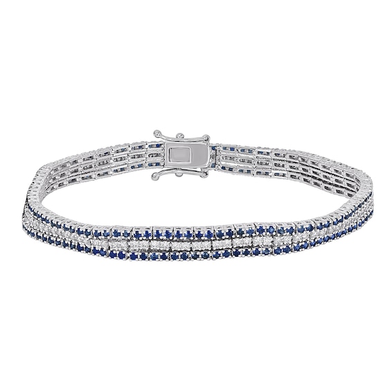 Blue Lab-Created Sapphire and 1 CT. T.w. Diamond Triple Row Tennis Bracelet in 10K White Gold