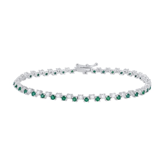 Lab-Created Emerald and 1 CT. T.w. Diamond Alternating Zig-Zag Tennis Bracelet in 10K White Gold