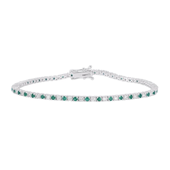 Lab-Created Emerald and 3/4 CT. T.w. Diamond Alternating Duos Tennis Bracelet in 10K White Gold
