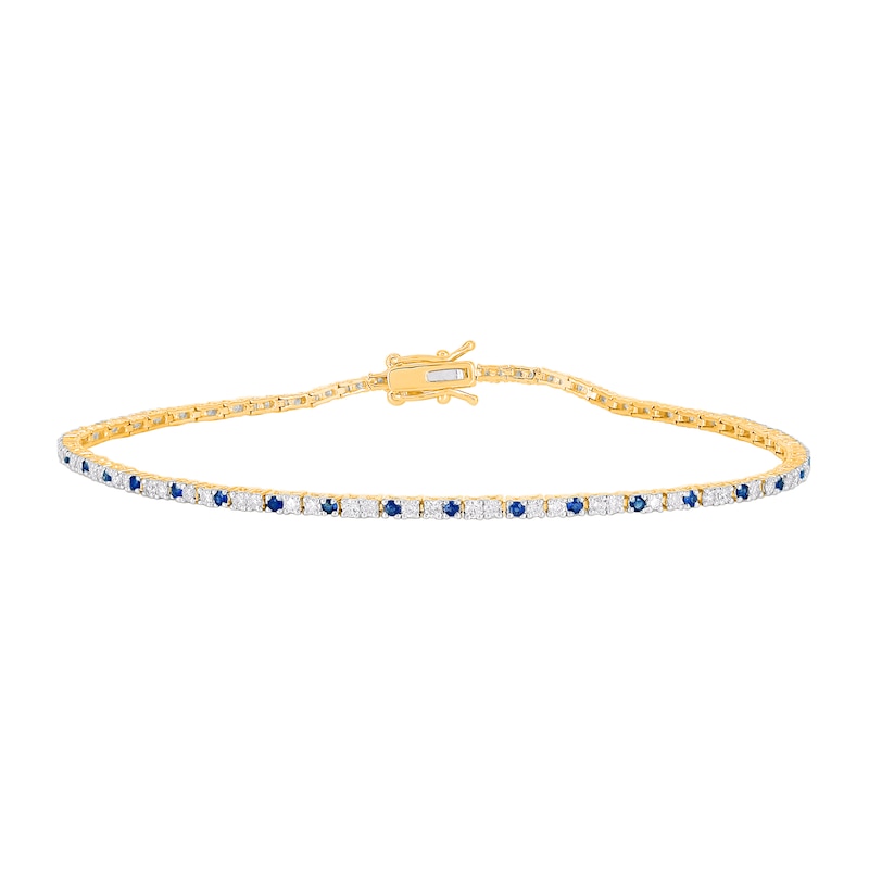 Main Image 1 of Blue Lab-Created Sapphire and 3/4 CT. T.W. Diamond Duo Alternating Tennis Bracelet in 10K Gold