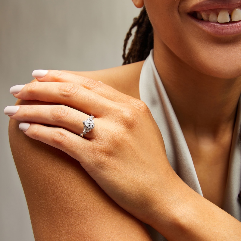 Main Image 2 of 1 CT. T.W. Pear-Shaped Diamond Frame Leaf-Sides Engagement Ring in 14K White Gold