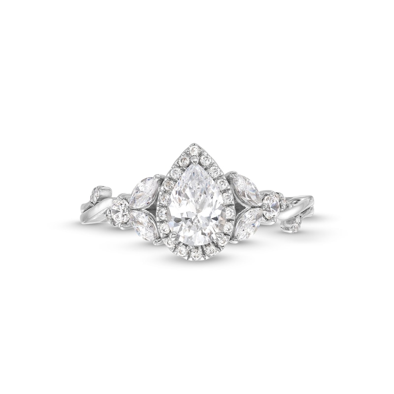 Main Image 4 of 1 CT. T.W. Pear-Shaped Diamond Frame Leaf-Sides Engagement Ring in 14K White Gold