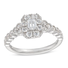 3/4 CT. T.W. Emerald-Cut Diamond Frame Tri-Sides Vintage-Style Engagement Ring in 14K White Gold