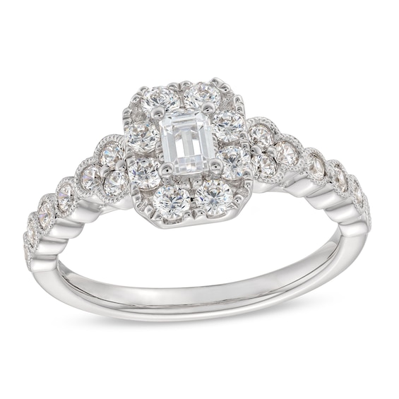 3/4 CT. T.w. Emerald-Cut Diamond Frame Tri-Sides Vintage-Style Engagement Ring in 14K White Gold