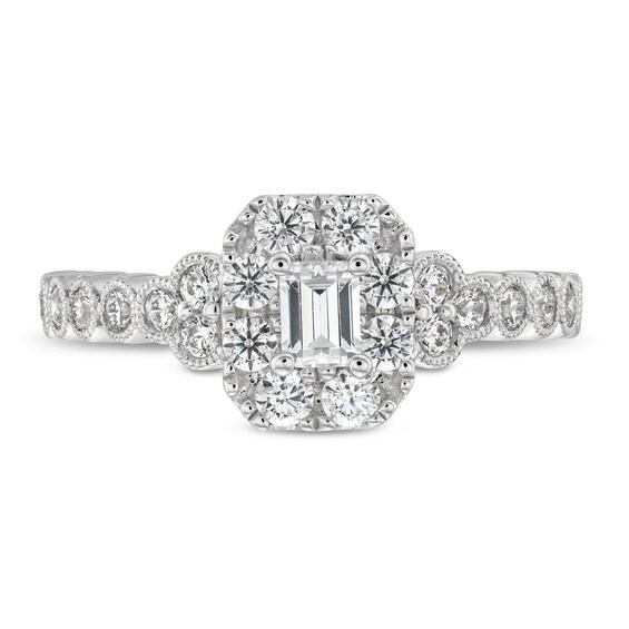 3/4 CT. T.w. Emerald-Cut Diamond Frame Tri-Sides Vintage-Style Engagement Ring in 14K White Gold