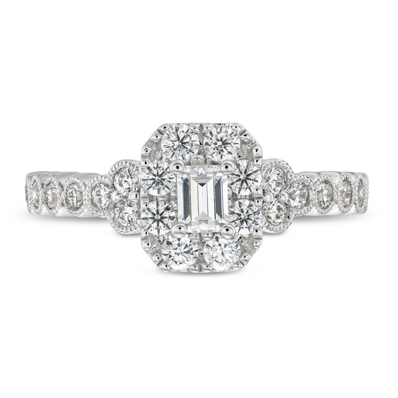 Main Image 4 of 3/4 CT. T.W. Emerald-Cut Diamond Frame Tri-Sides Vintage-Style Engagement Ring in 14K White Gold