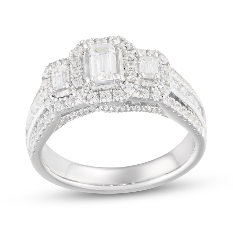 Main Image 1 of 1-5/8 CT. T.W. Emerald-Cut Diamond Frame Three Stone Triple Row Engagement Ring in 14K White Gold