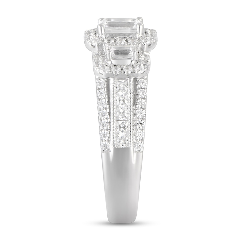 Main Image 2 of 1-5/8 CT. T.W. Emerald-Cut Diamond Frame Three Stone Triple Row Engagement Ring in 14K White Gold