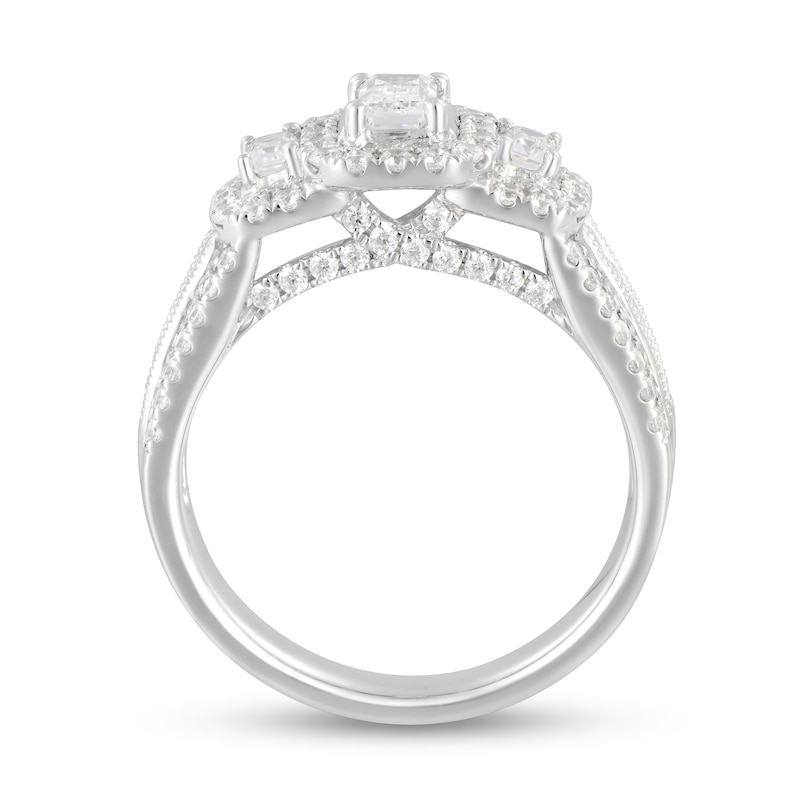 Main Image 3 of 1-5/8 CT. T.W. Emerald-Cut Diamond Frame Three Stone Triple Row Engagement Ring in 14K White Gold