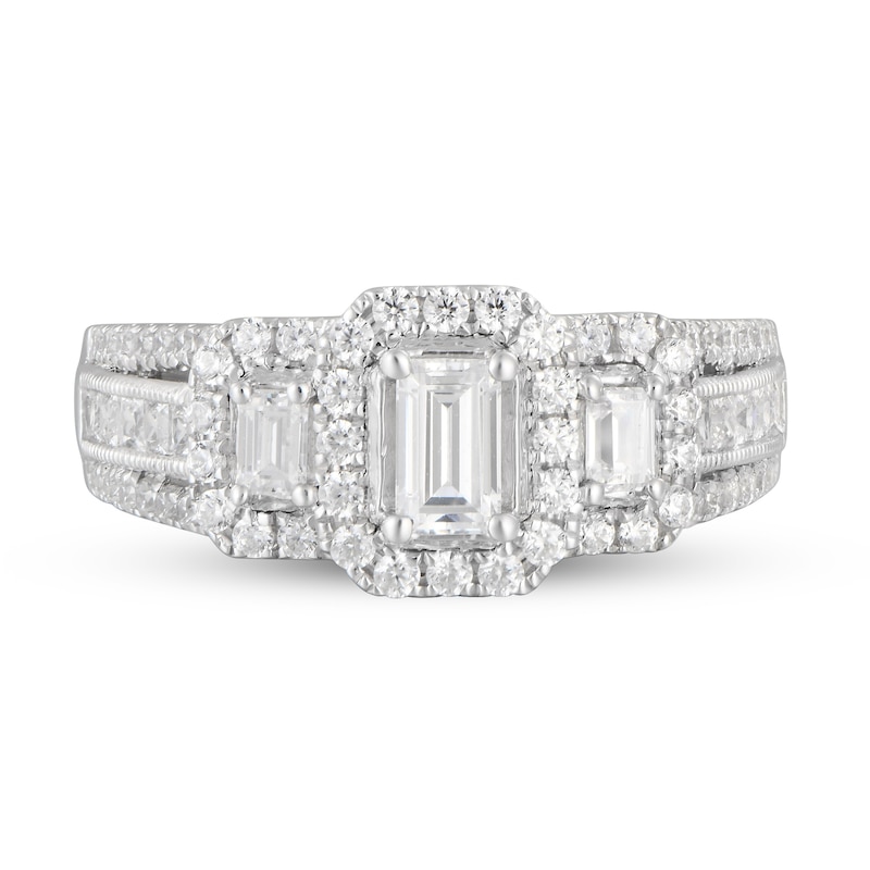 Main Image 4 of 1-5/8 CT. T.W. Emerald-Cut Diamond Frame Three Stone Triple Row Engagement Ring in 14K White Gold