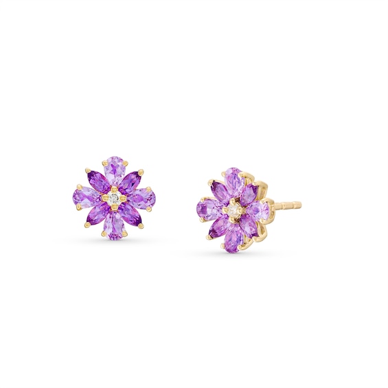 Pear-Shaped and Marquise-Cut Amethyst with Diamond Accent Flower Stud Earrings in 10K Gold