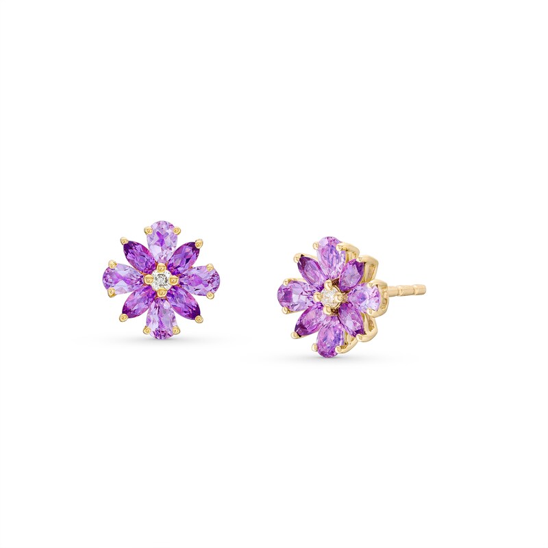 Main Image 1 of Pear-Shaped and Marquise-Cut Amethyst with Diamond Accent Flower Stud Earrings in 10K Gold