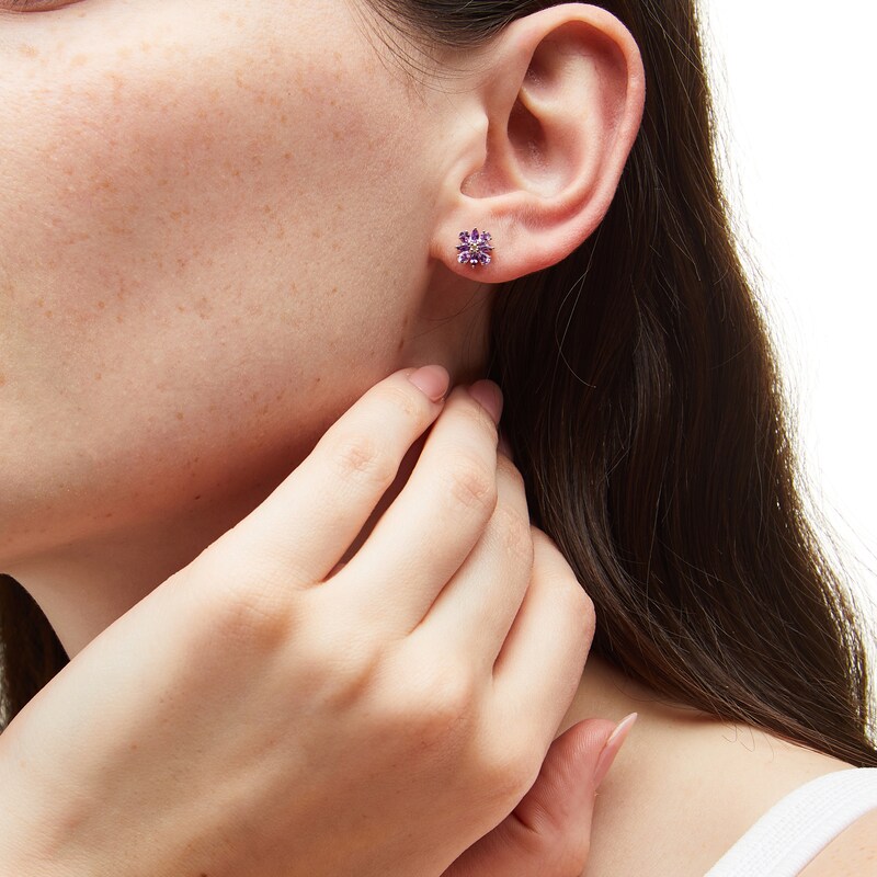 Main Image 2 of Pear-Shaped and Marquise-Cut Amethyst with Diamond Accent Flower Stud Earrings in 10K Gold
