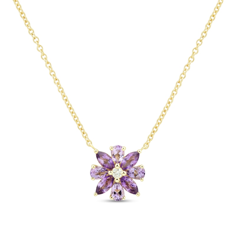 Pear-Shaped and Marquise-Cut Amethyst with Diamond Accent Flower Necklace in 10K Gold