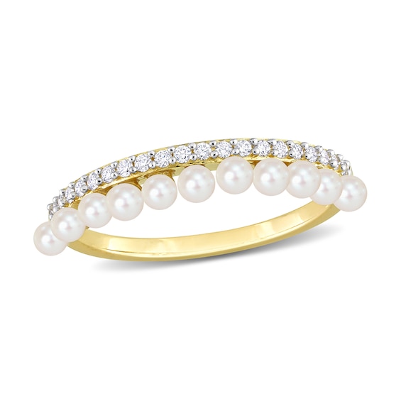 Freshwater Cultured Pearl and 1/6 CT. T.w. Diamond Double Row Ring in 14K Gold