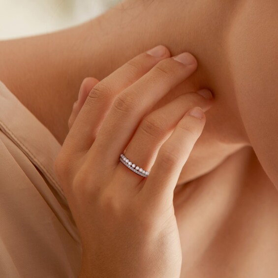 Freshwater Cultured Pearl and 1/6 CT. T.w. Diamond Double Row Ring in 14K Gold