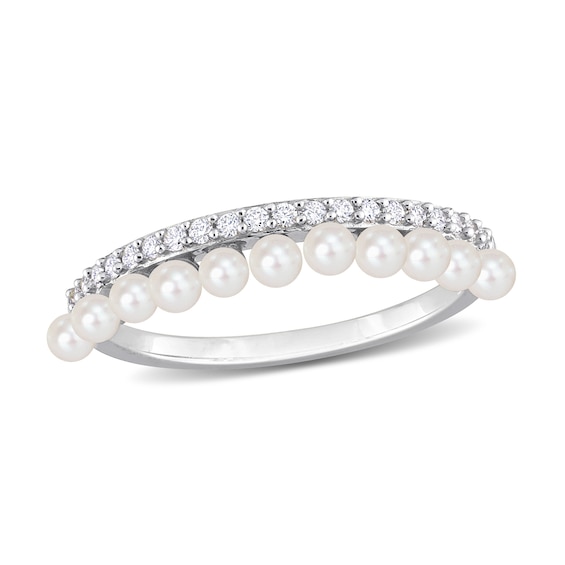Freshwater Cultured Pearl and 1/6 CT. T.w. Diamond Double Row Ring in 14K Gold