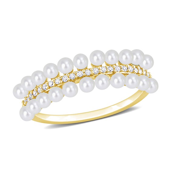 Freshwater Cultured Pearl and 1/10 CT. T.w. Diamond Triple Row Ring 10K Gold